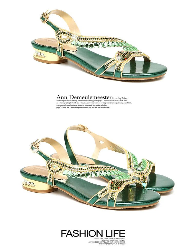 High-grade Rhinestones Fashion New Women's Summer Young Elegant Sandals Thick Heel Leisure Flat Bottomed Beach Sandals