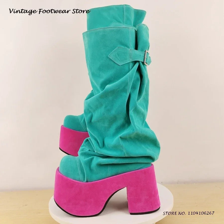Patchwork Pleated Suede Knee-High Platform Boots