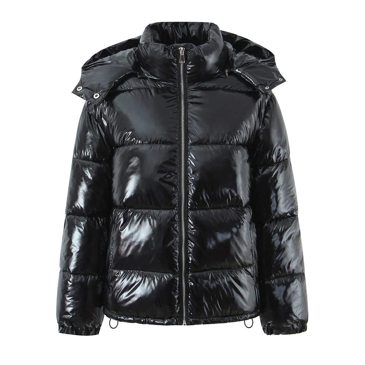 Glossy Hooded Parka – Y2K Stand Collar Zip Long Sleeve
