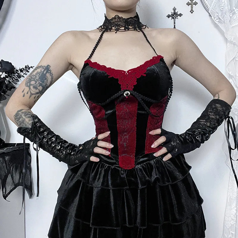 Vintage Mall Gothic Flocking Camisole Women Aesthetic Fairycore Grunge Y2k E-girl Lace Patchwork Beading Crop Tank Tops