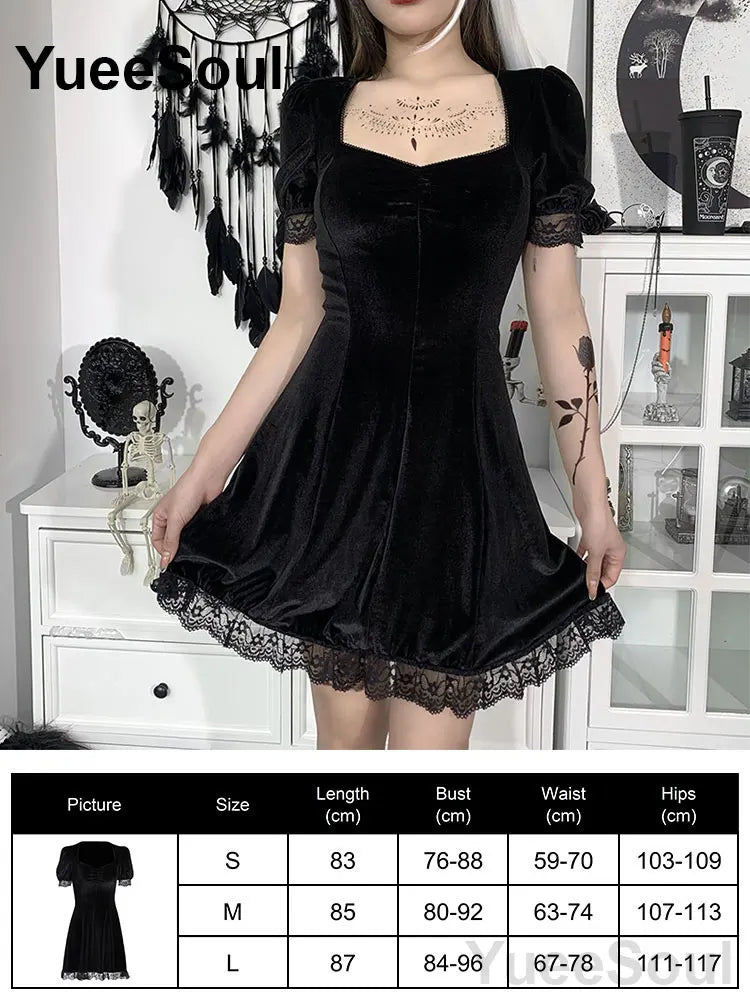 Grunge Gothic Women Dress Lace Trim High Waist Bodycon Mini Dress 2026 New E-girl Vintage Punk Harajuku Lolita Party Clothes