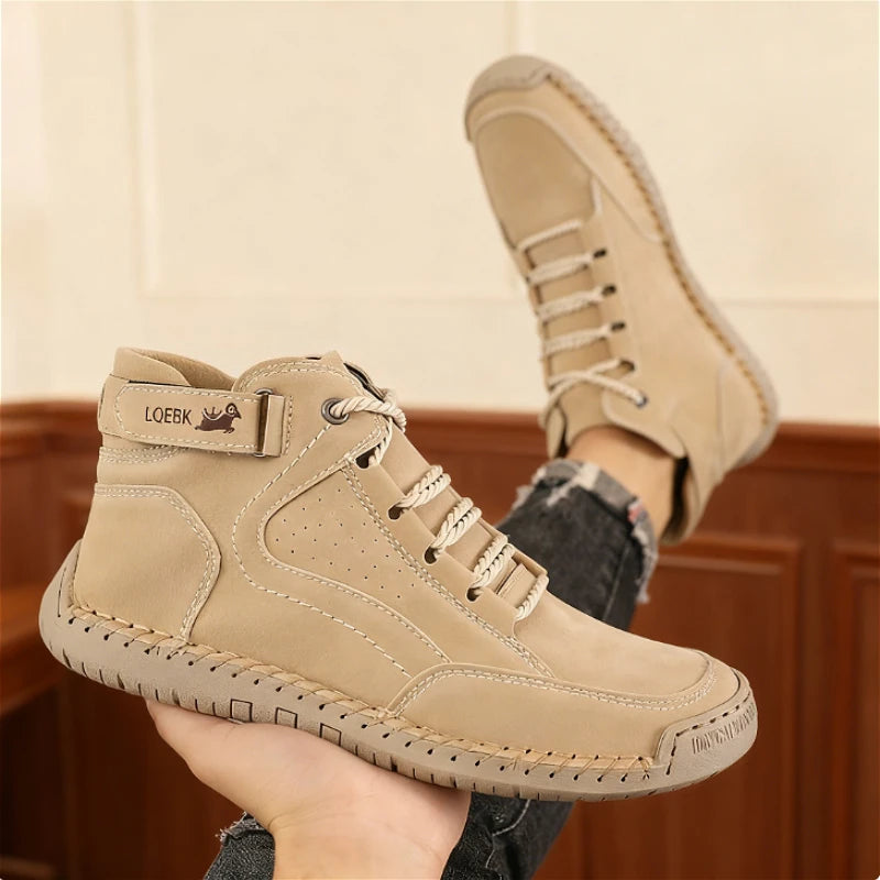 Men's Casual Leather Walking Shoes - Hook & Loop Slip-On Outdoor Driving Shoes