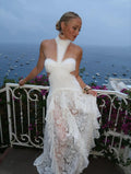 Sexy Lace Patchwork Dress Women Hollow Out Sleeveless Party Club Long Skirt See Through Halter Evening Gown Vacation Lady Robes