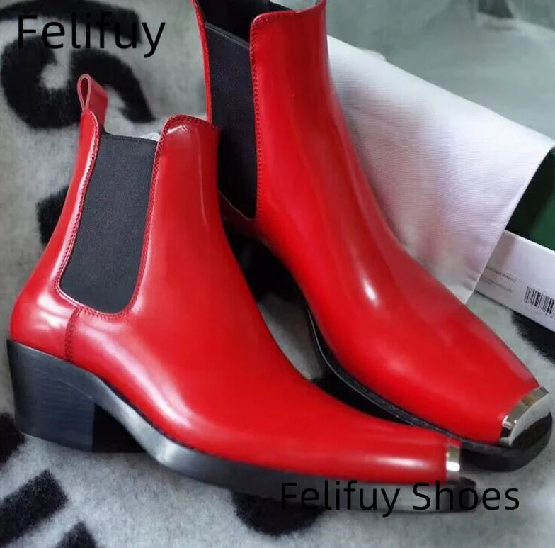 Men's Genuine Leather Chelsea Boots - Metal Square Toe Slip-On Motorcycle Ankle Boots