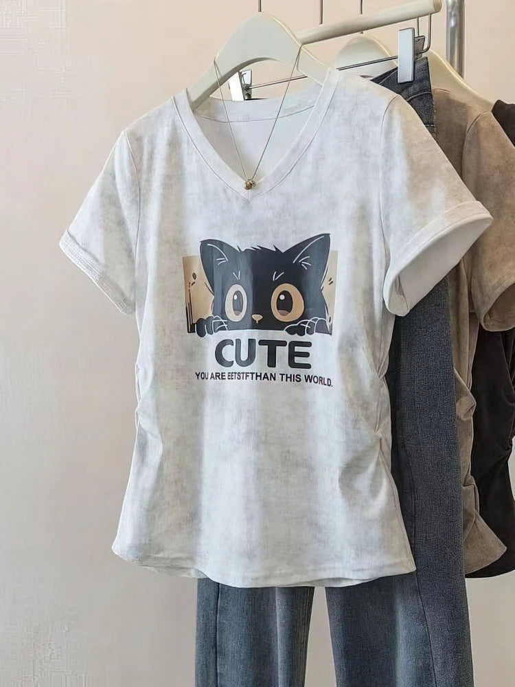 100% Cotton Washed Vintage Cat Print Short sleeve T shirt Women V neck Oversize Shirring Summer Top Lady Casual Tees