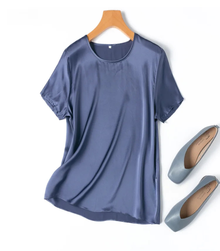 100% Mulberry Silk 19 Momme Charmeuse Silk Women Tank Top T-shirt Short Sleeve Shirt Blouse Solid Colors Summer M L XL AA4270