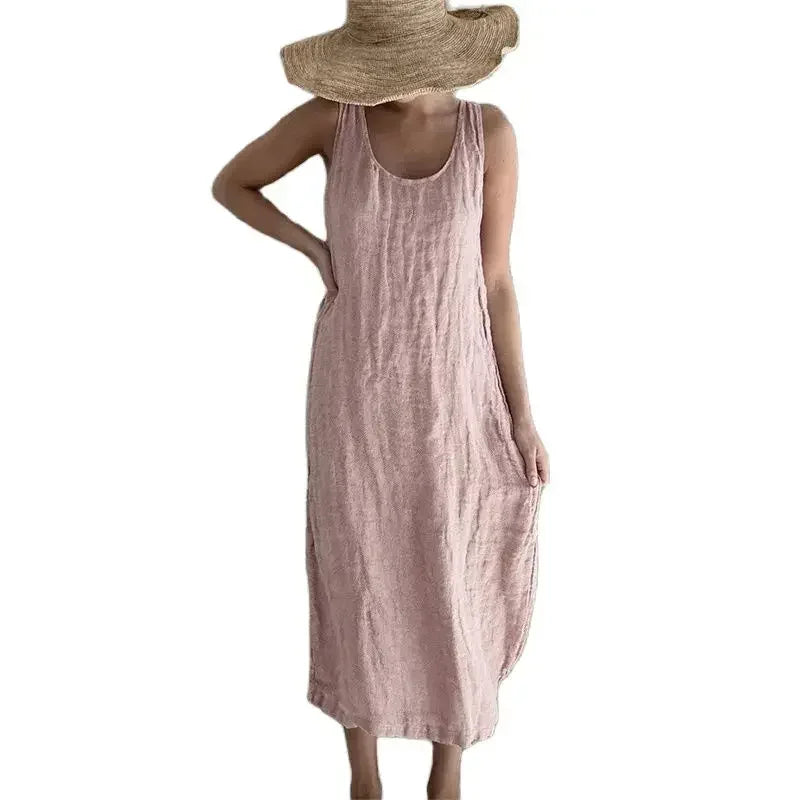 Cotton Linen Sleeveless Midi Dress – Loose A-Line with Pockets