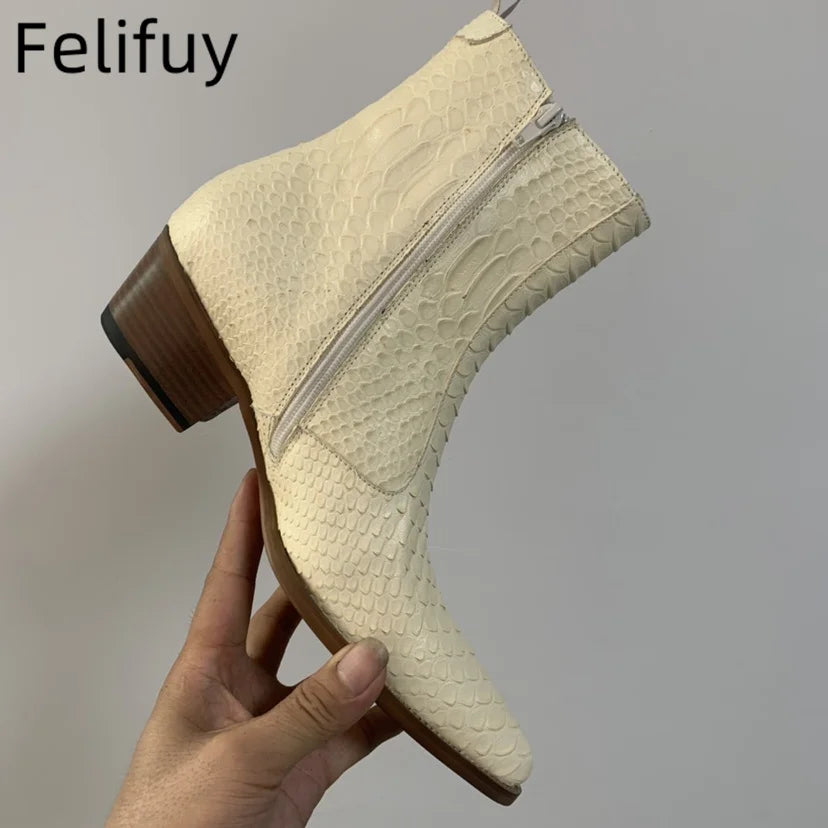 SNAKESKIN POINTED BOOTS - Men's Handmade Cow Leather Zipper Ankle Boots Snakeskin Print Party Style - Low Heel