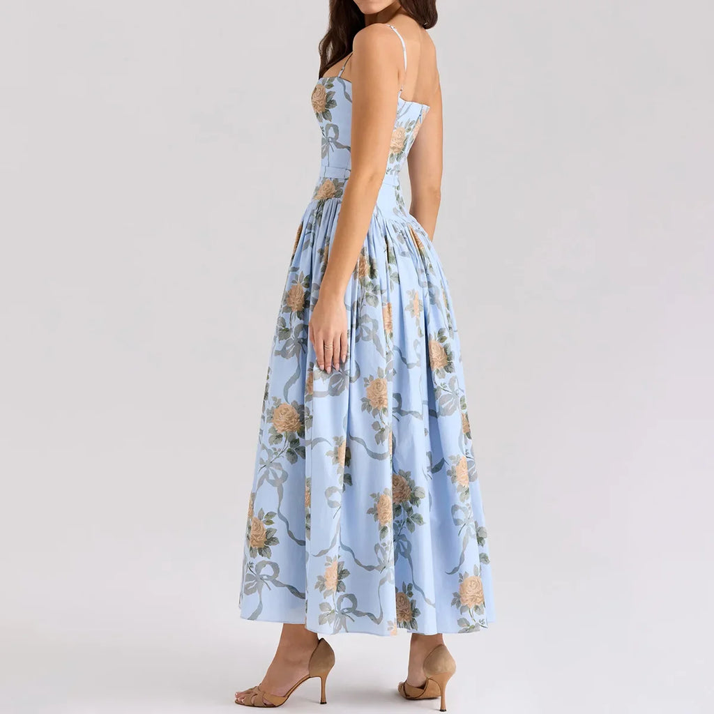 Oligai Floral Print Midi Sundress Elegant Spaghetti Strap Flowy Dress Aussie Summer Women Boho Chic Beach Dress