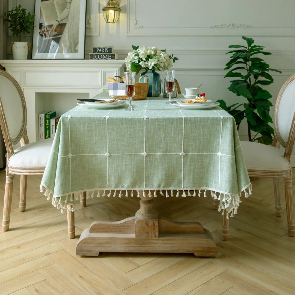 EMBROIDERED LINEN TASSEL TABLECLOTH - Handmade Cotton Linen Cover - Soft & Elegant