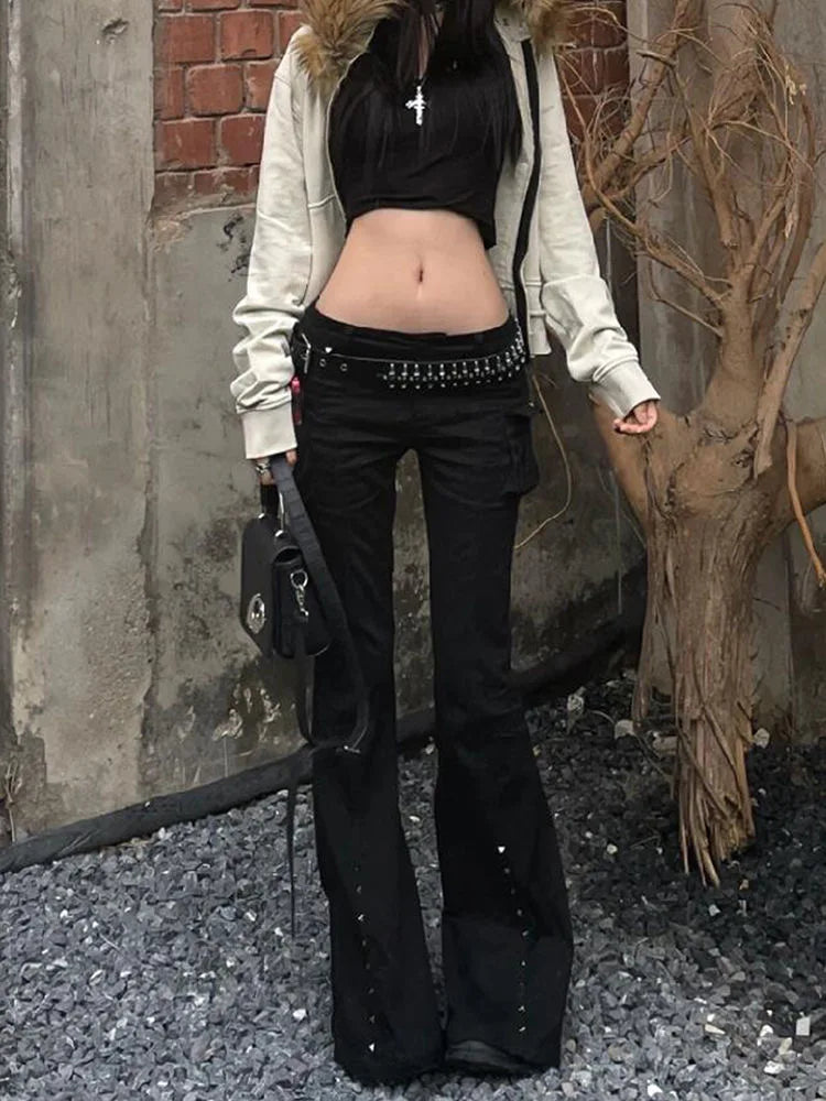 Goth Cargo Flare Jeans - Low Rise Studded Black Y2K