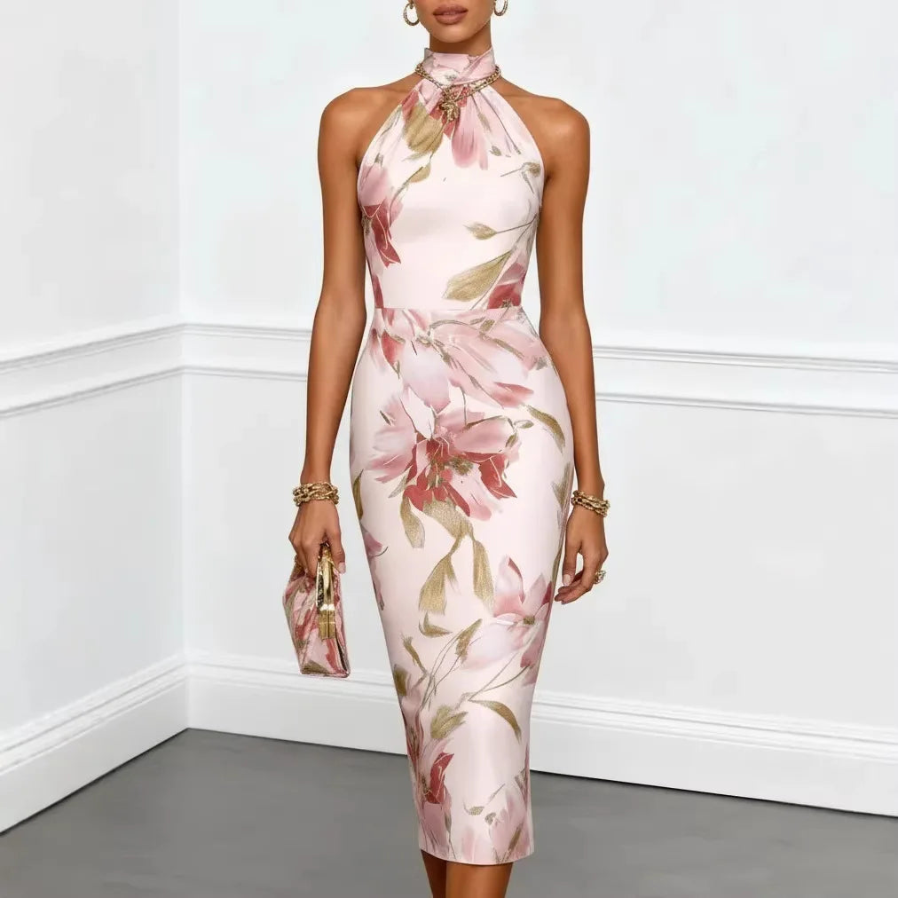 2026 Women's Sexy Slim Fit Hip-covering Floral Printed Halter Dress