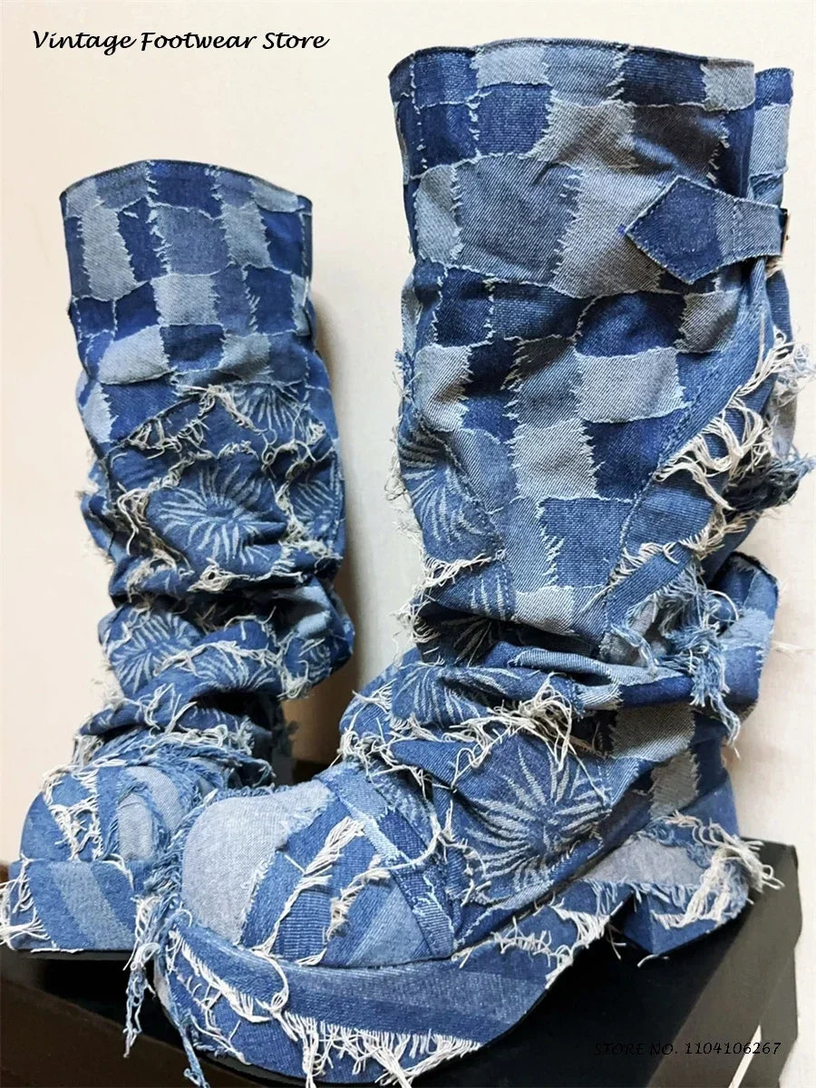 Patchwork Pleated Suede Knee-High Platform Boots