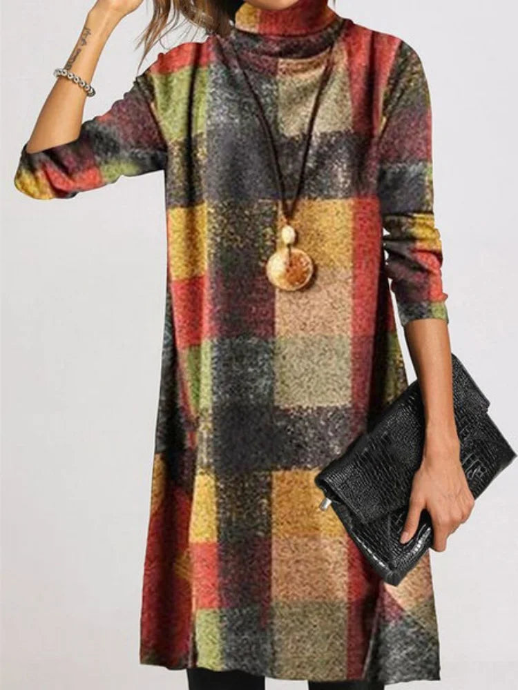 Vintage High Neck Long Sleeve Dresses Plaid Thick French Style Elegant Office Commuting Cashwool Frock Ladies Dress Costume