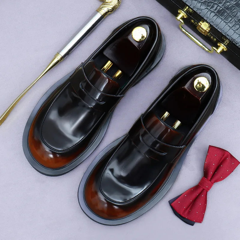 Men's Genuine Leather Slip-On Shoes - Bright Lacquered Round Toe British Style