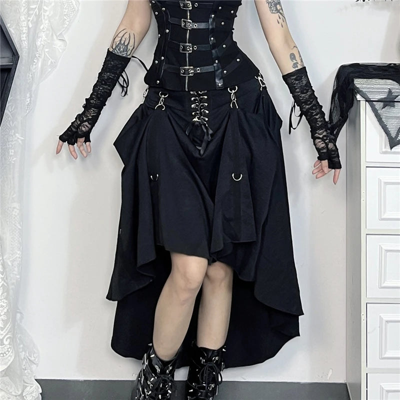 Goth Punk Lace-Up Long Skirt - Black Irregular A-Line with Rings