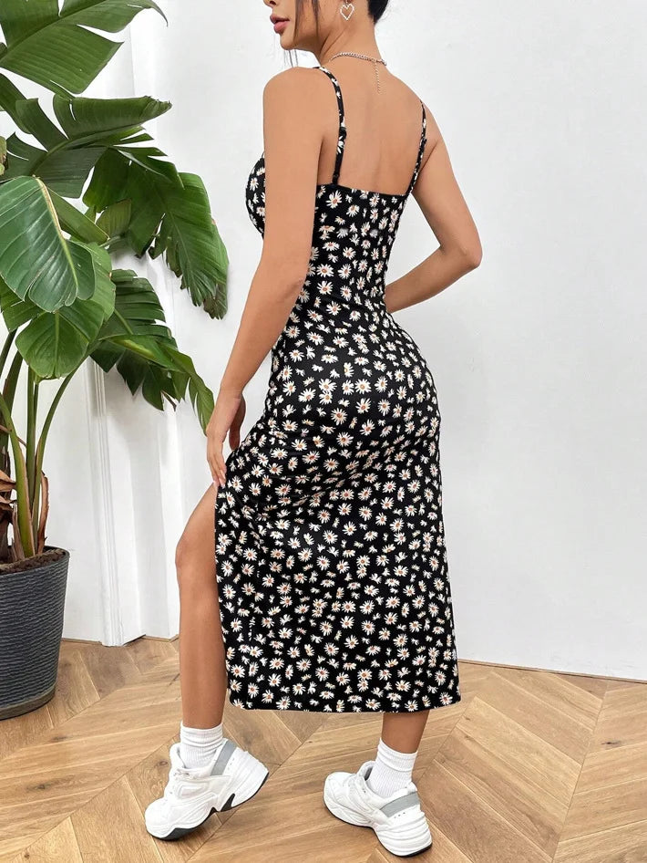 Fall 2025 Long Dress Strapless Wrap Chest High Slit Daisy Leopard Print Wrap-around Skirt Maxi Dress