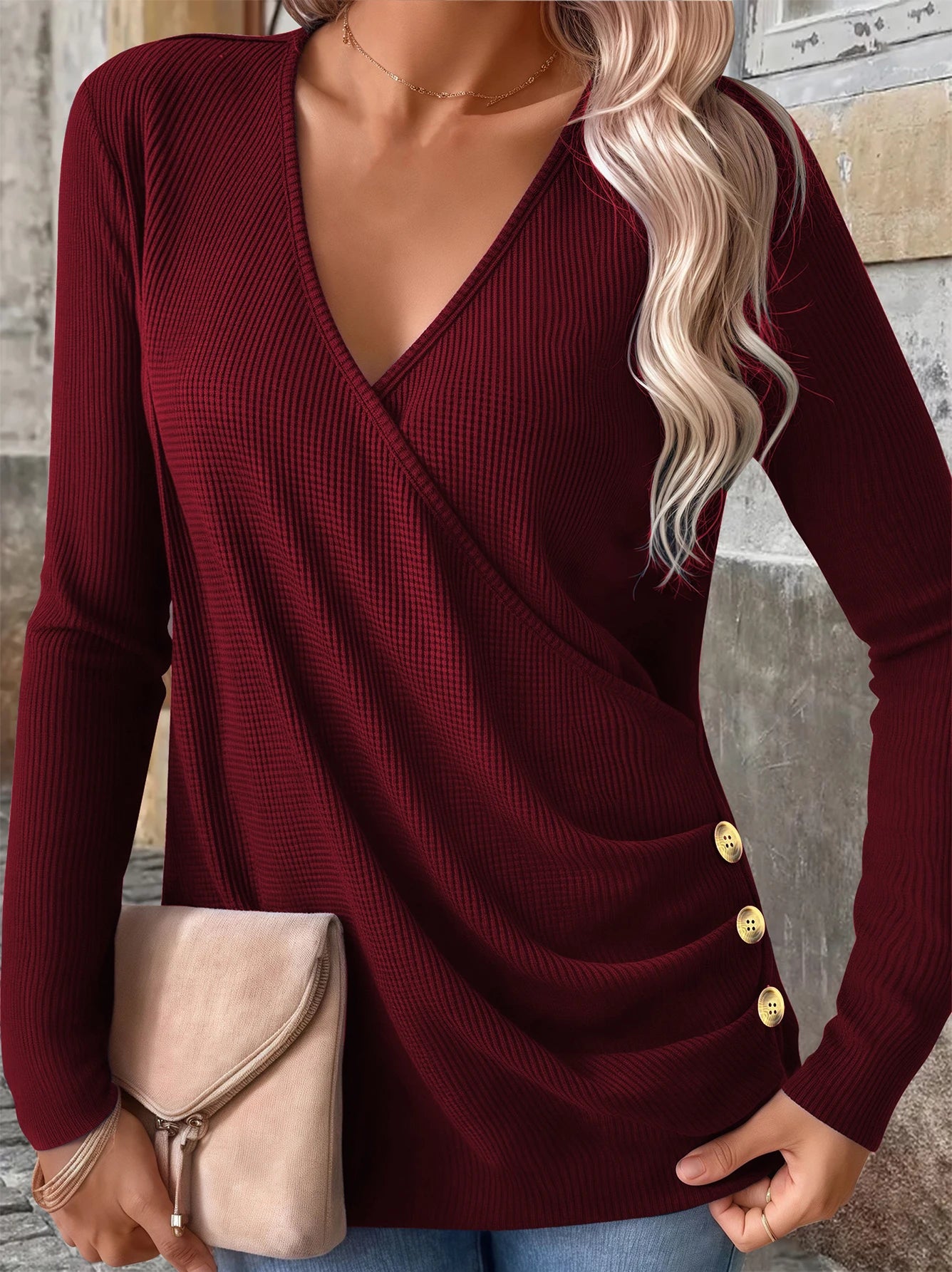 Plus Size Waffle Knit T-Shirt for Women, Elegant V-Neck Button Down Long Sleeve Top, Fall Comfort Fit Blouse