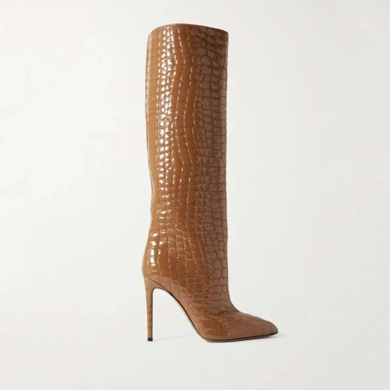 Croc-Embossed Knee-High Stiletto Boots