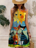 Large size summer new women's casual vacation sleeveless V-neck kitten print dress