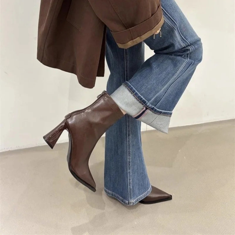 Elegant Ankle Boots – Pointed Toe Square Heel Zip Platform