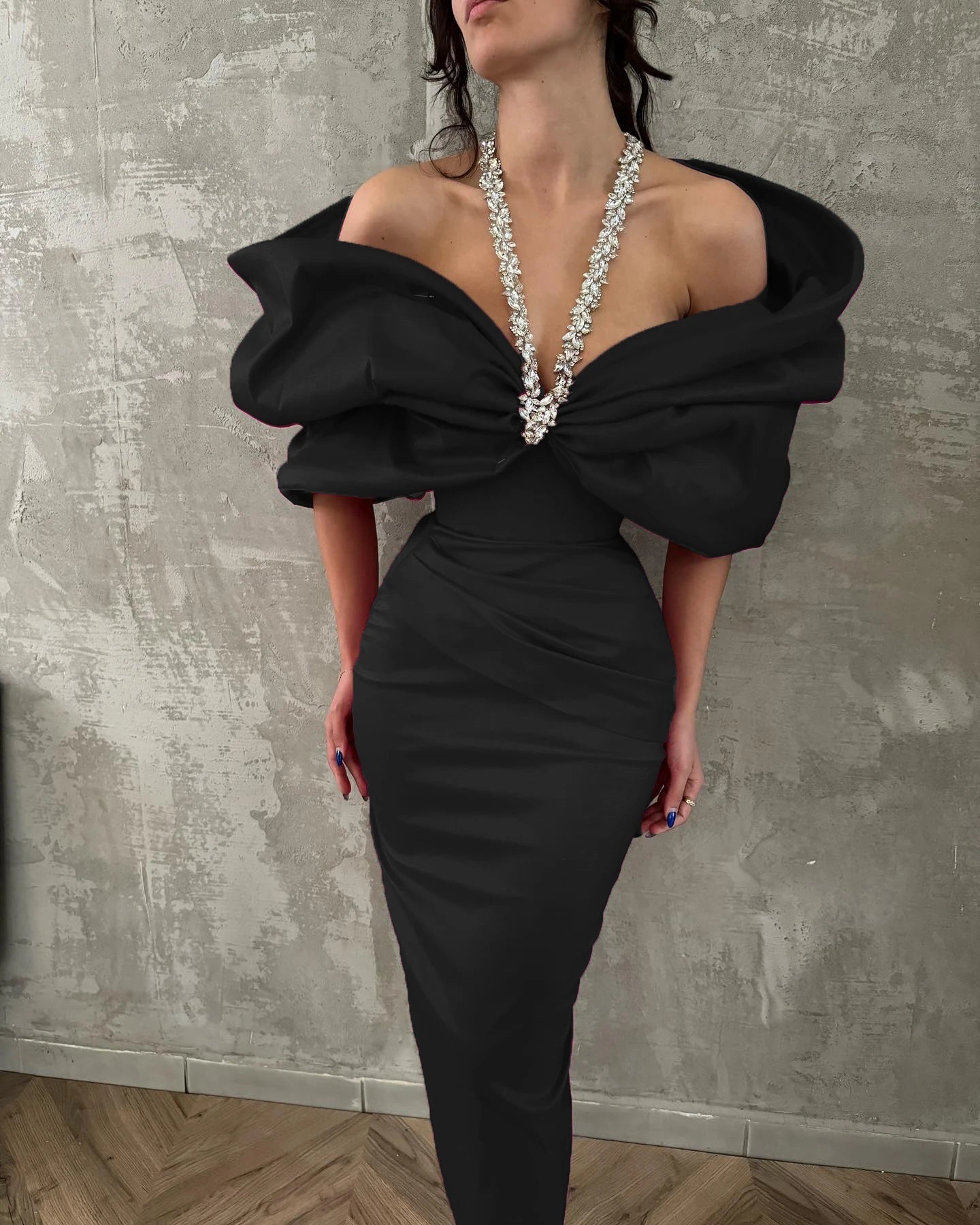 Red Black Women's Sexy Halter Off-the-Shoulder Crystal Ruffles Bodycon Long Bandage Dress Nightclub Party Birthday Celebration Wear