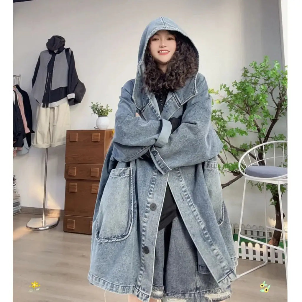Oversized Hooded Denim Trench Coat