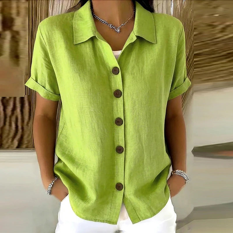 Women's Elegant Summer Cotton Linen Tops Short Sleeve Lapel Button Up Solid Color Loose Shirt Women Casual Blouse Cardigan Tops