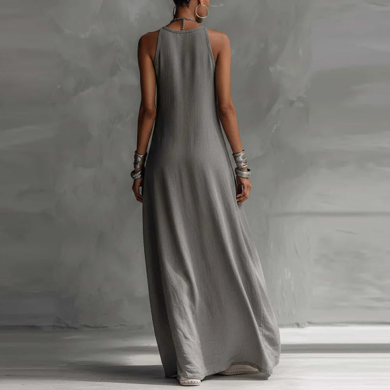 Casual Sleeveless Summer Boho Vacation Maxi Dress Woman Sexy O Neck Contrast Color Long Dress Spring Pocket A-Line Party Dresses