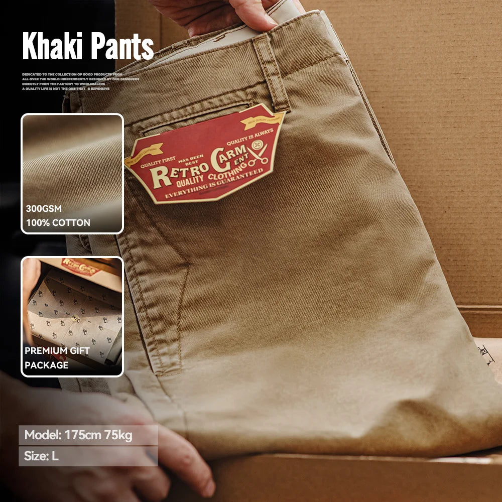 TWILL CLASSIC - Men's Vintage Heavyweight Cotton Twill Straight Pants - Khaki, W28–36