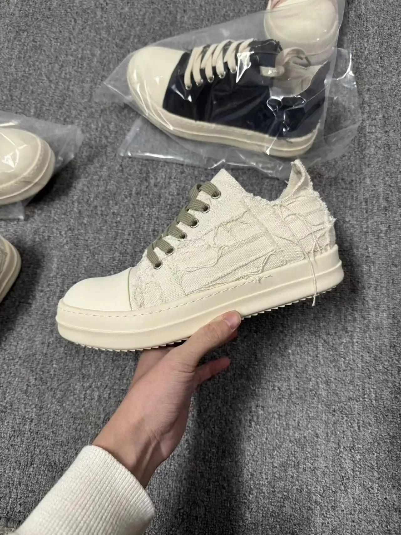 Men's High Ankle Sneakers - Jumbo Shoelace Canvas Flats Rick Owens Style