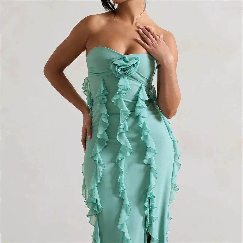 Mint green strapless 3D floral slit evening dress, fitted bodycon dress for dates, vacations, and parties