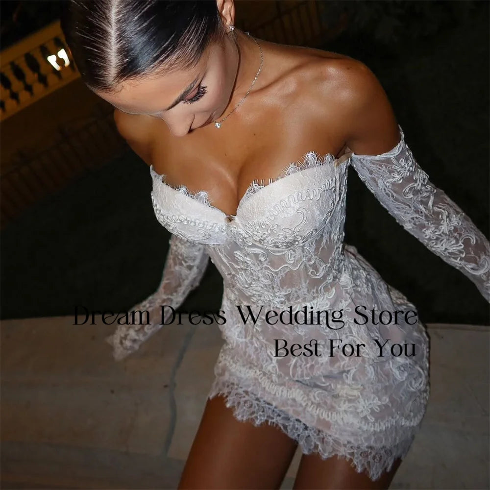 Lace Bridal Mini Dress - Sweetheart & Long Sleeves - Modern Romance