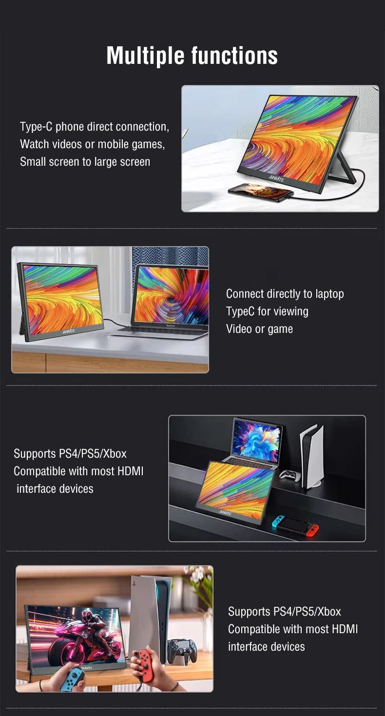 Anmite 16-Inch Portable Touch Monitor Non-touch optional 1200P HDR 16:10 For XBox PS4 / 5 Switch Cell Phone PC Laptop Extension