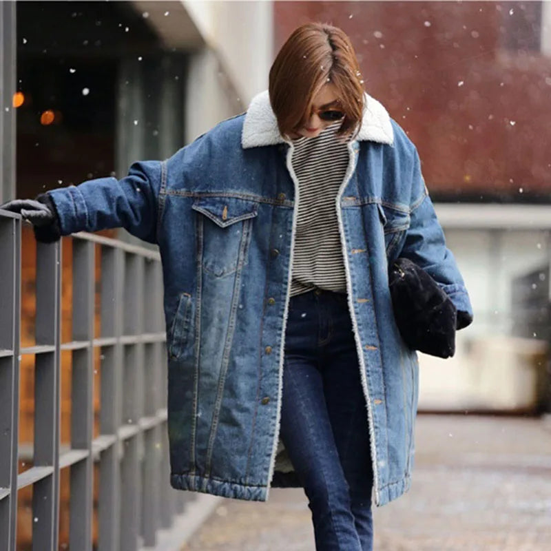 Long Denim Coat - Thick Winter Jacket