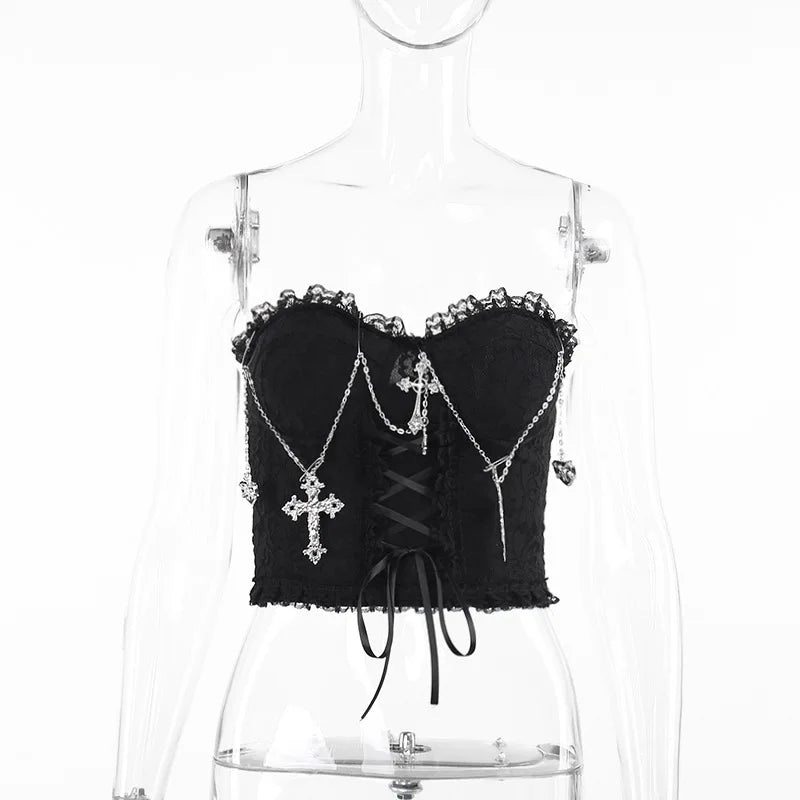 Unholy Lace Halter - Black Goth Corset Top With Cross And Red Velvet