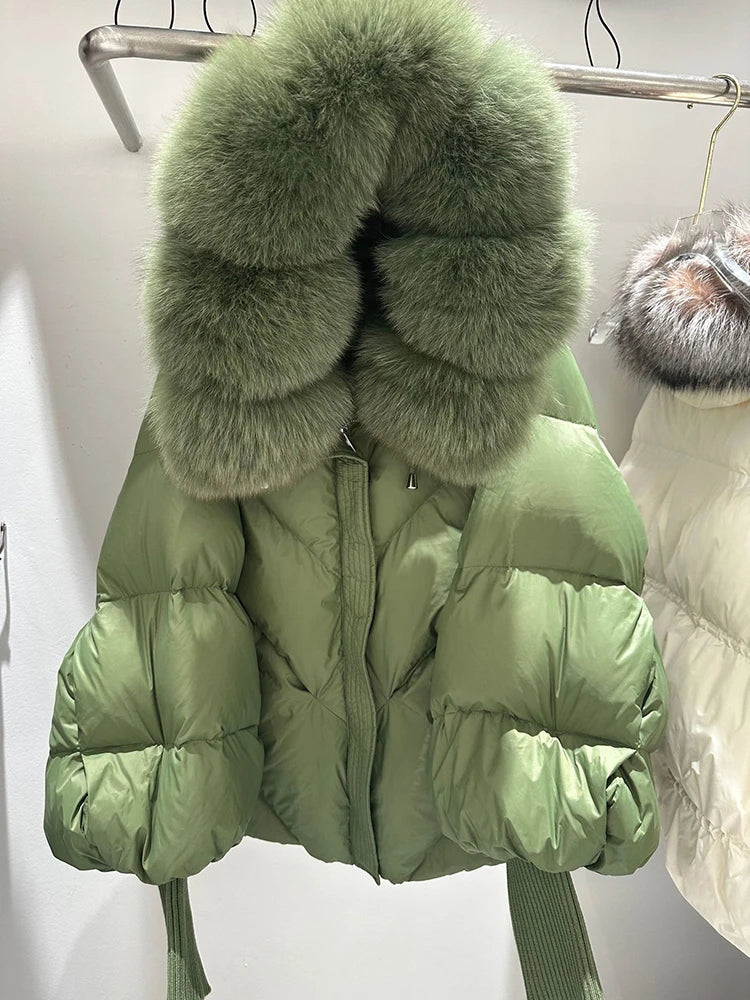 Fur Collar Down Jacket – Hooded Lantern Sleeve Quilted
