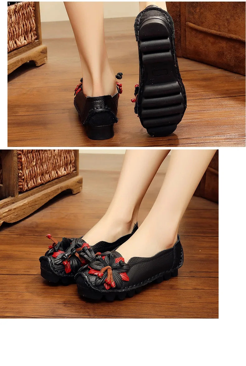 WOIZGIC Women Female Mother Ladies Genuine Leather Shoes Flats Loafers Non Slip On Flowers Retro Moccasins Plus Size 41 42