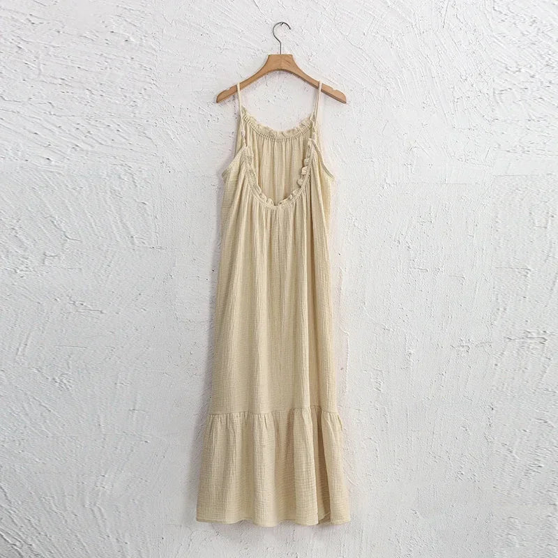 Vacation Spaghetti Strap Backless Maxi Dress for Women, Ruffle Hem Loose Crinkled Cotton Summer Beach Cami Sundress