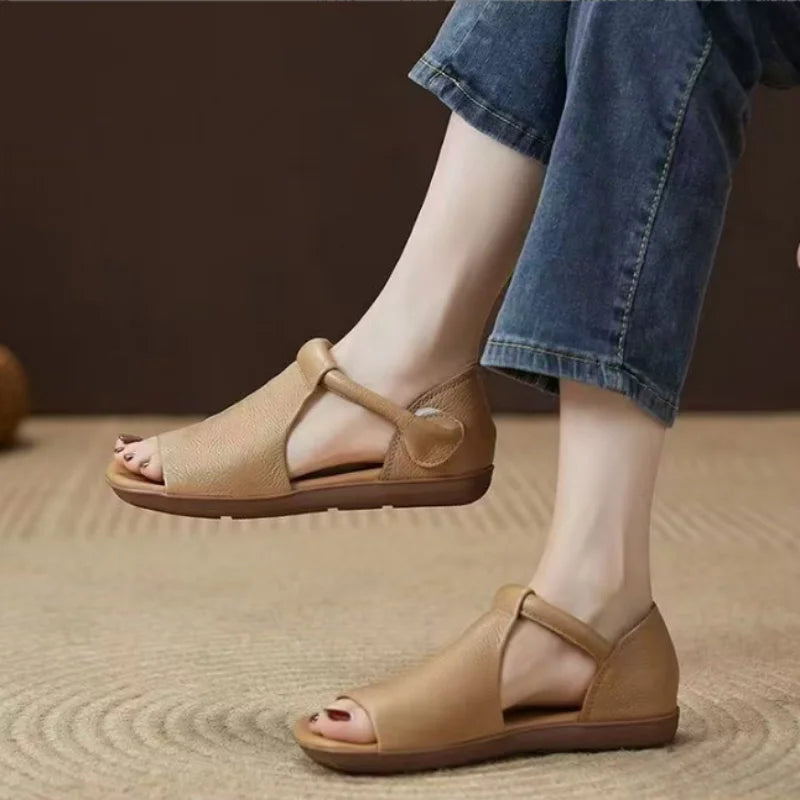 Women's Hook & Loop Flat Sandals Summer - Open-Toe Casual Beach Shoes, Comfortable Soft Sole Walking Sandals for Daily & Vacation