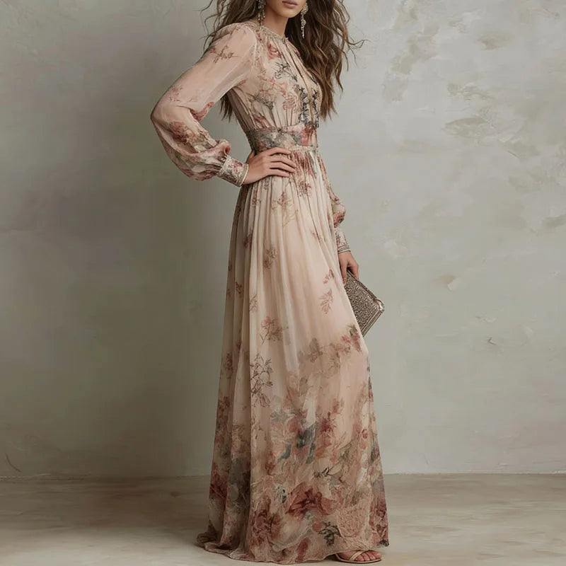 Vintage Floral Print High Waist Pleated Long Dress Woman Elegant O Neck Slim Party Dresses Spring Long Sleeve Boho Holiday Dress