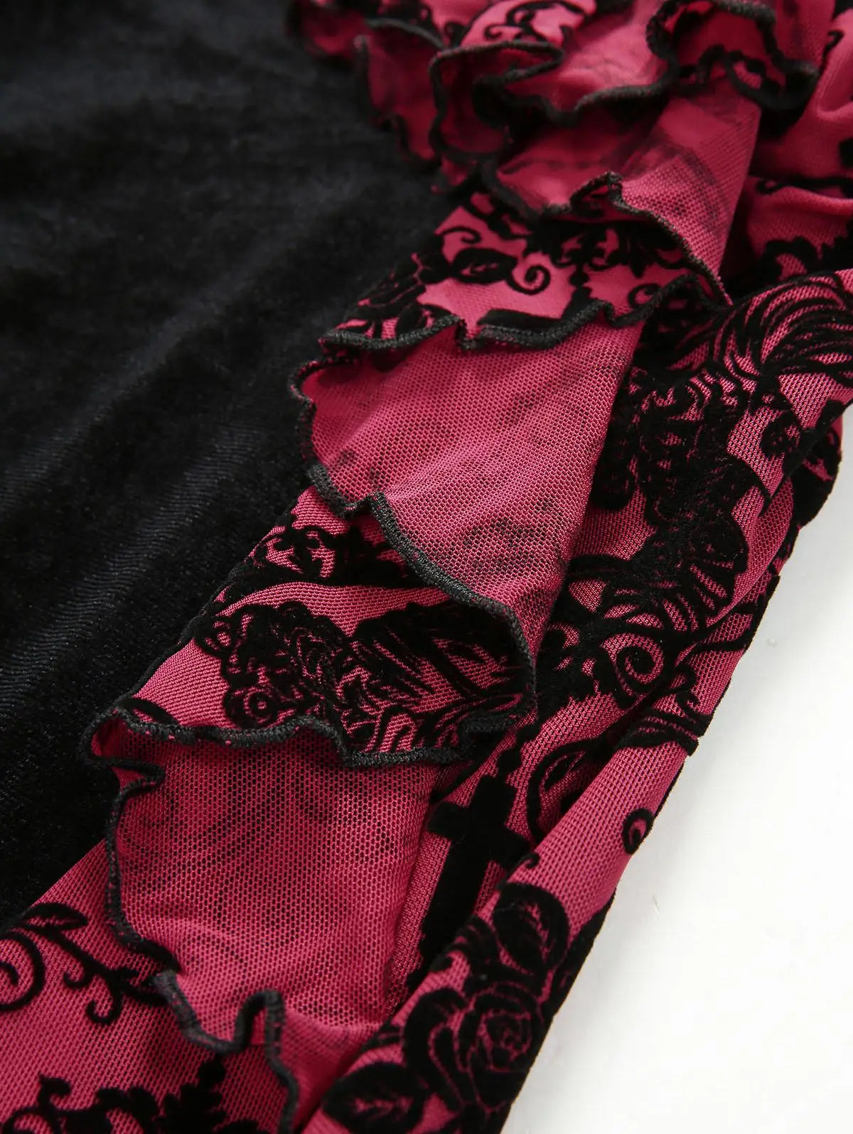 S-3XL Gothic Women Flare Pants Flower Cross Flocking Ruffles Patchwork Velvet Bottoms 2026 New Full Trousers