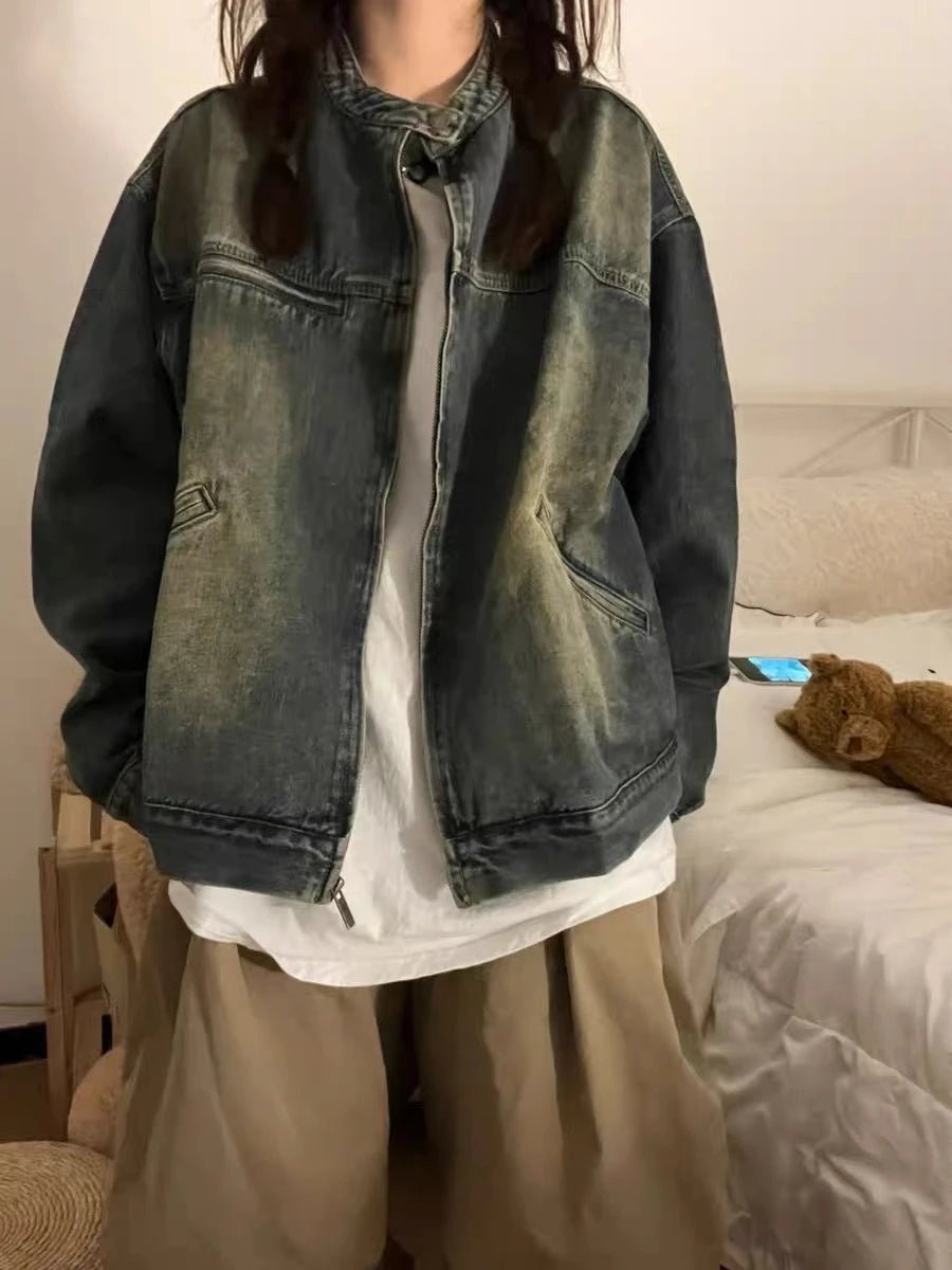 Vintage Washed Denim Jacket - Ruffled Collar