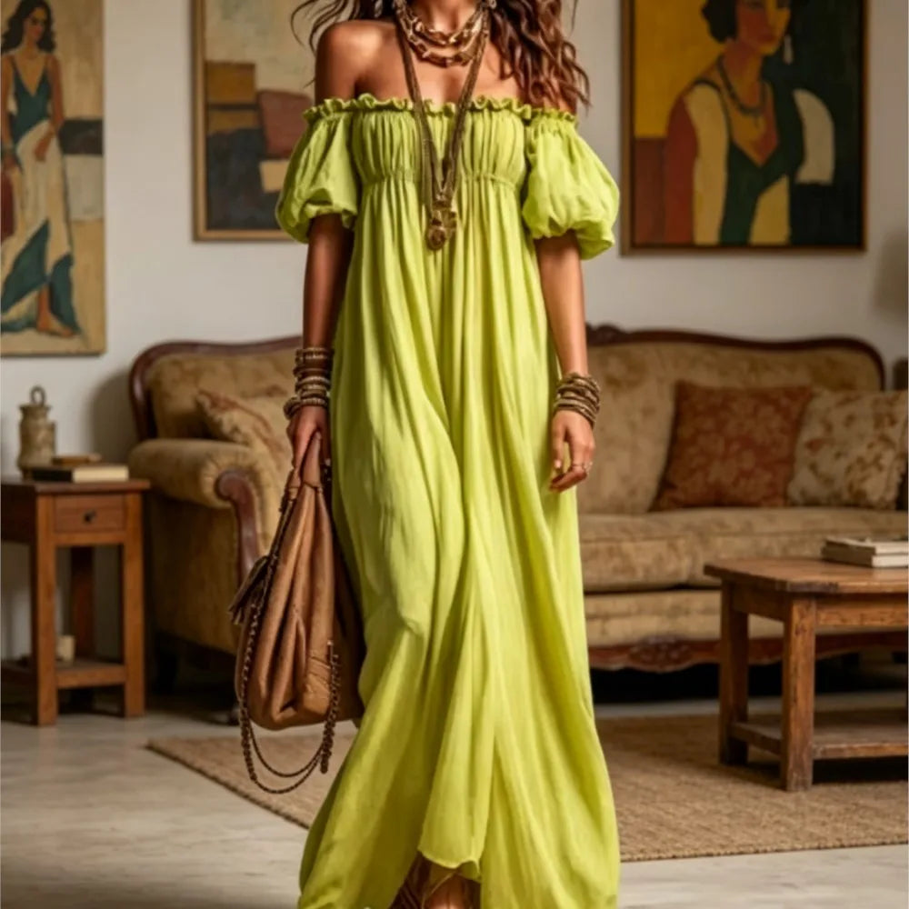 2026 Sexy One Shoulder Short-Sleeved Women's Party Dresses Summer New Fashion Loose Elegant Female Vacation Long Dress