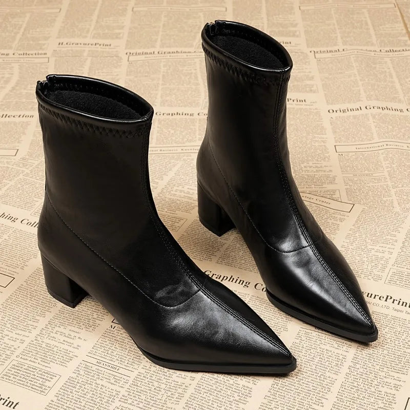 Vintage Ankle Boots – Thick Square Heel Pointed Toe Zip