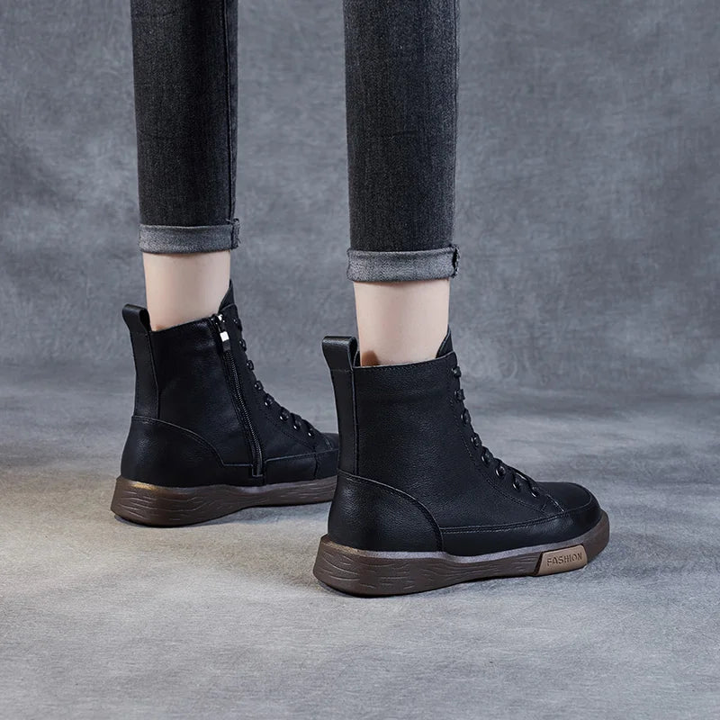 Genuine Leather Ankle Boots – Handmade Retro Lace-Up