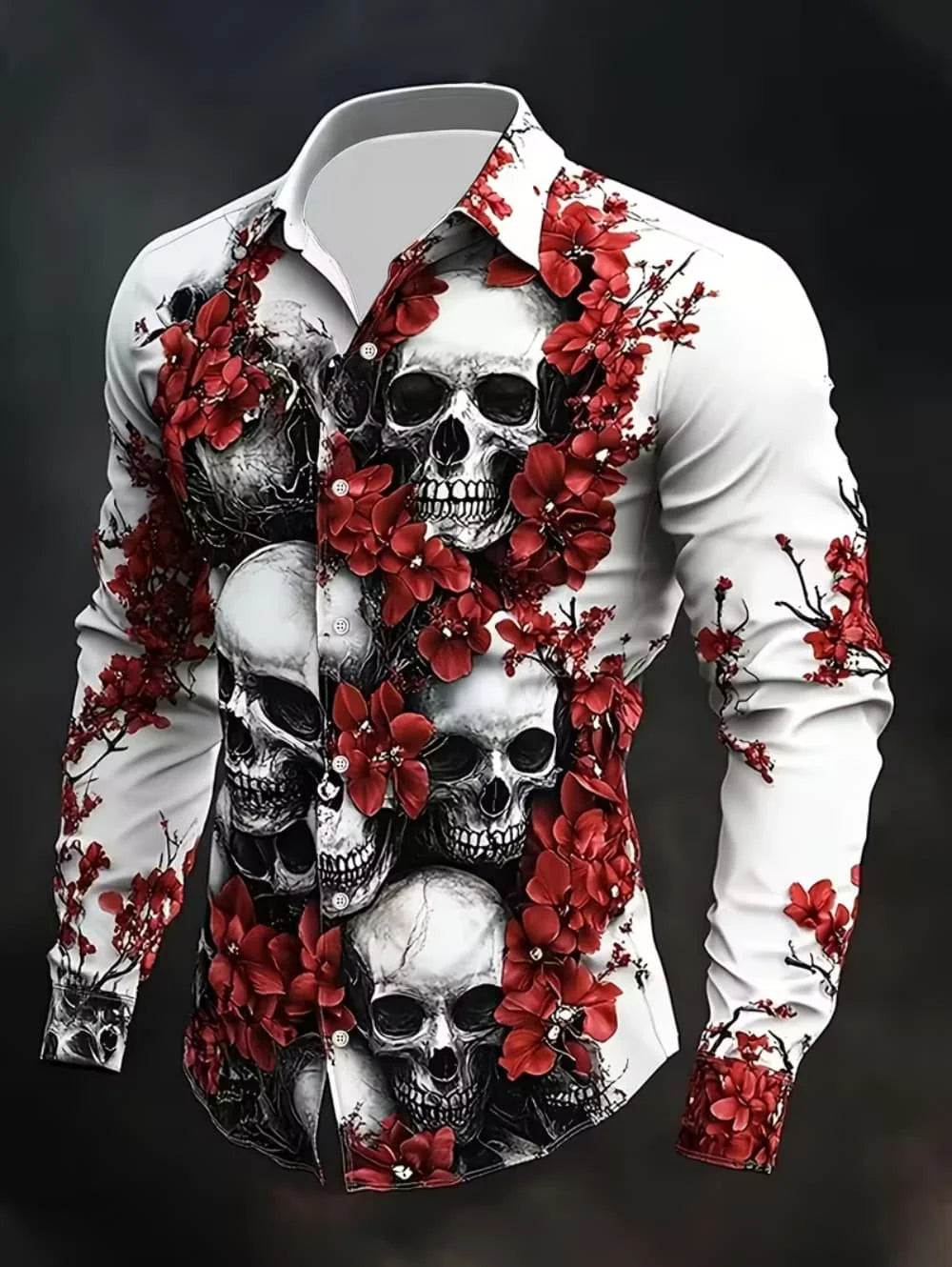 Gothic Skull Cross Shirt Men Long Sleeve Red Plaid 3D Print