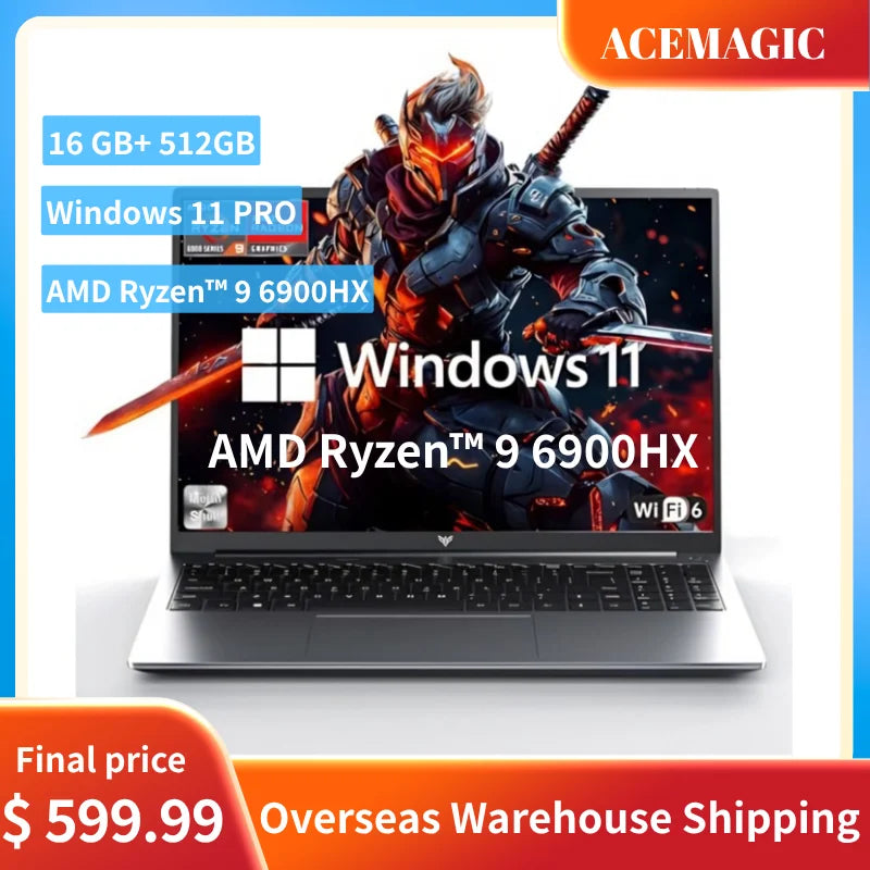 ACEMAGIC 16" FHD Laptop AMD Ryzen 9 6900HX Laptop 16GB DPDDR5 RAM 512GB SSD Backlit Keyboard Full-Featured Office Gaming Notebook