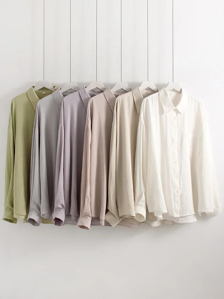 Streamgirl Summer White Linen Shirts For Women Oversized Long Sleeve Tops Lady Loose Basic Linen Tops Women Blue Shirts Oversize