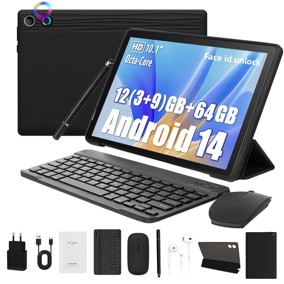 Android14 Tablet 10 Inch 12GB RAM 64GB ROM Expandable 1TB WIFI6 WidevineL1 GMS 5000mAh Stylus Keyboard Mouse Headphones Case Set